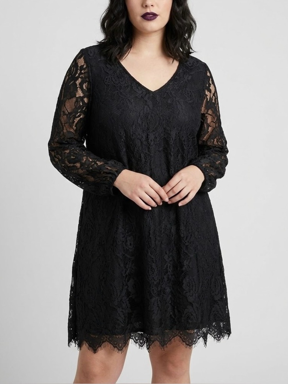Southern Fried Chics Black Floral Lace V-Neck Sheer Shift Sleeve Dress M